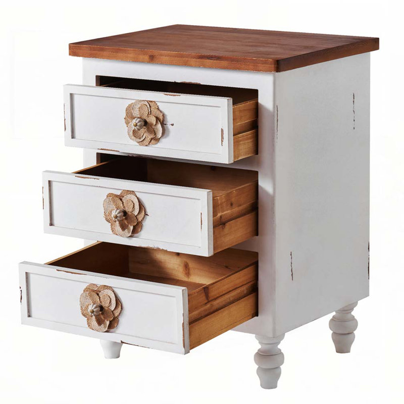 Table d'appoint 3 tiroirs avec rangement, Blanc antique