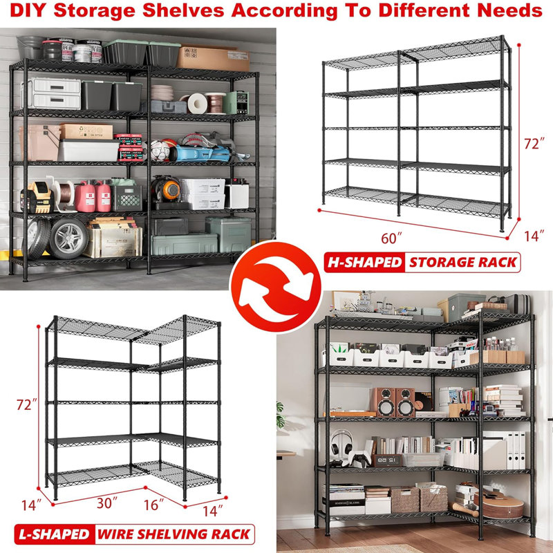 Marlia Steel Height -Adjustable Storage Rack Heavy Duty Shelving Unit, Black, 4-Tiers 60" H x 60" W x 14" D