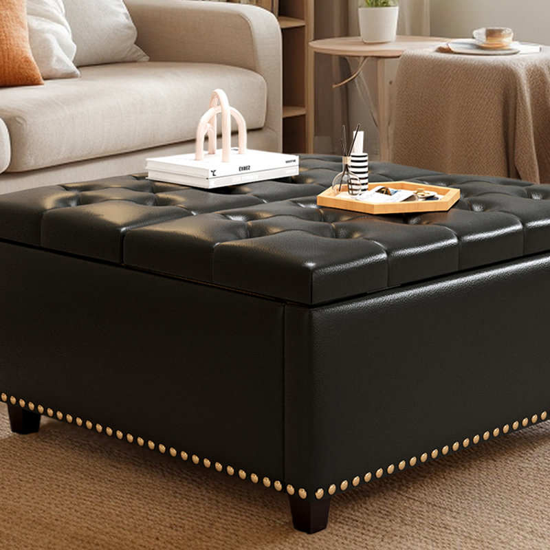 Square Upholstered Lift-Top Ottoman Coffee Table  With Large Storage, Black