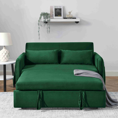 Canapé-lit moderne convertible de 55 po avec 2 poches pour accoudoirs amovibles, canapé-lit en velours avec lit escamotable, 2 coussins et dossier réglable pour le salon, accoudoirs à motif quadrillé