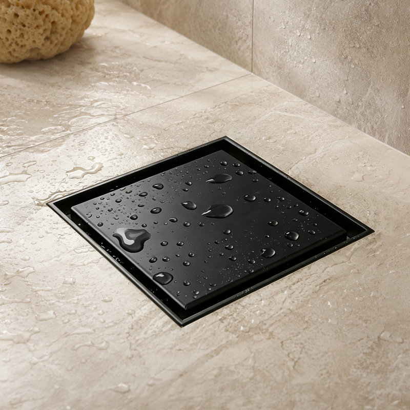 Drain de douche carré 4 pouces avec collecteur de cheveux, Noir mat