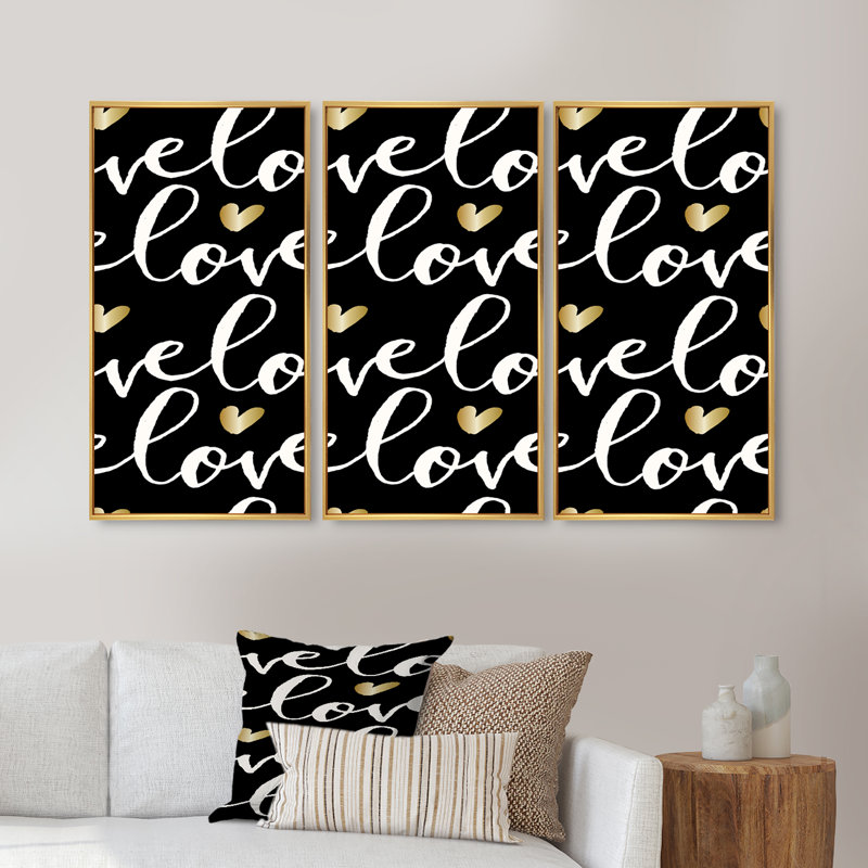 «Love Love Love», ensemble de 3 impressions sur toile à cadre flottant, H 20 po x l 36 po x P 1 po, Cadre doré