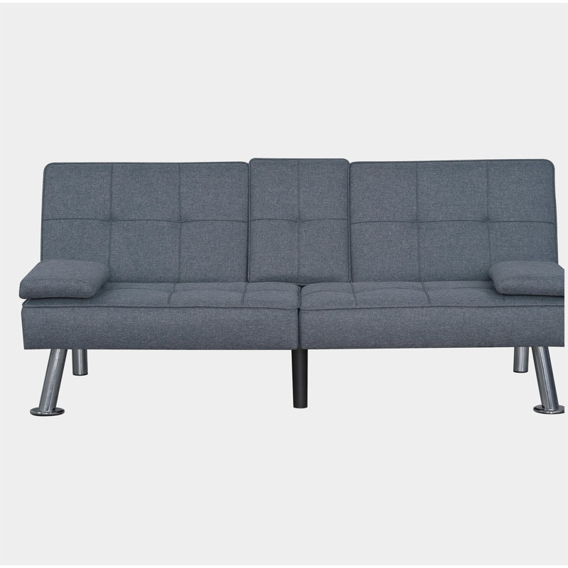 Canapé-lit convertible futon pliant, tissu gris, pieds en métal argenté