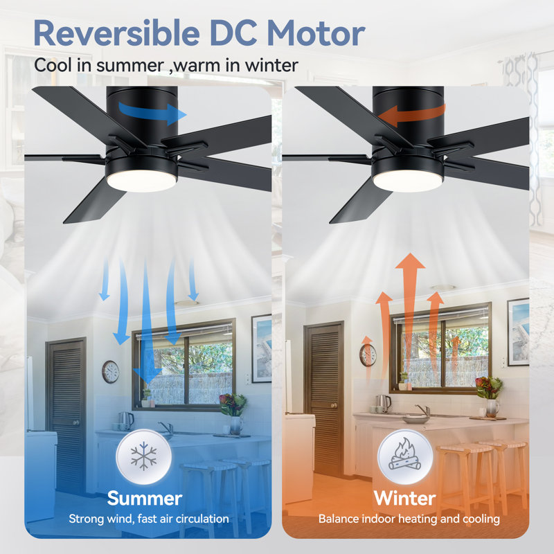 Jayceyon 52'' Large Flush Mount Ceiling Fan With Led Lights and Remote, Quiet Reversible DC Motor, 5 wood Blades Low Profile, Timer, for Indoor/Covered Outdoor Use