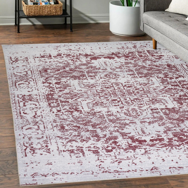 Tapis lavable à la machine avec envers antidérapant à motif floral moderne abstrait bourgogne et crème