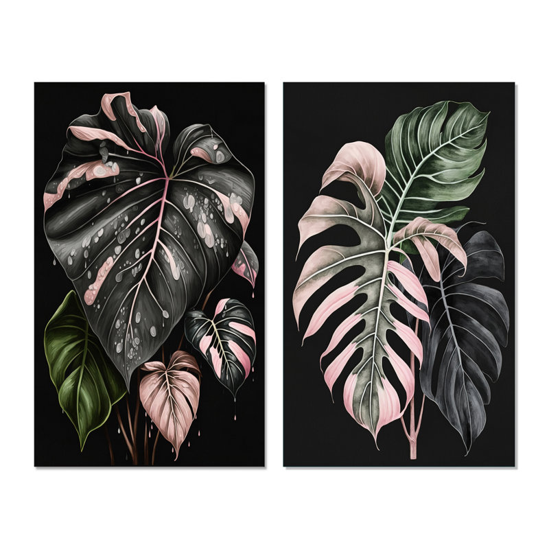 Rose et blanc feuille de philodendron I - ensemble d'art mural floral de 2 pièces, Toile tendue, H 40 po x l 40 po