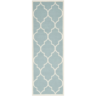 Rodgers Hand Woven Flat Weave Wool/Cotton Geometric Rug in Light Blue/Ivory