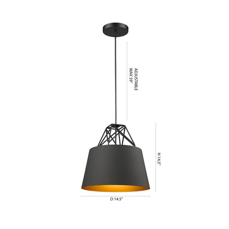 Luminaire suspendu industriel 1 lumière avec abat-jour noir, Noir, H 73,5 po x l 14,5 po x P 14,5 po