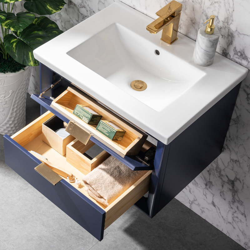 Ensemble de meuble-lavabo simple mural 24 po avec plateau en céramique Draven, bleu, null