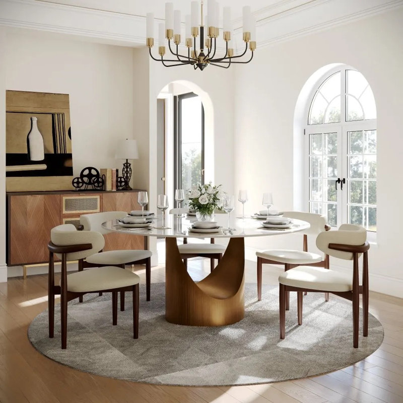Modern 5/7 Pieces Dining Room Sets, Pre-Assembly Round Dining Table Sets, Sintered Stone Tabletop Kitchen Dining Table Set With Upholstered Chairs
