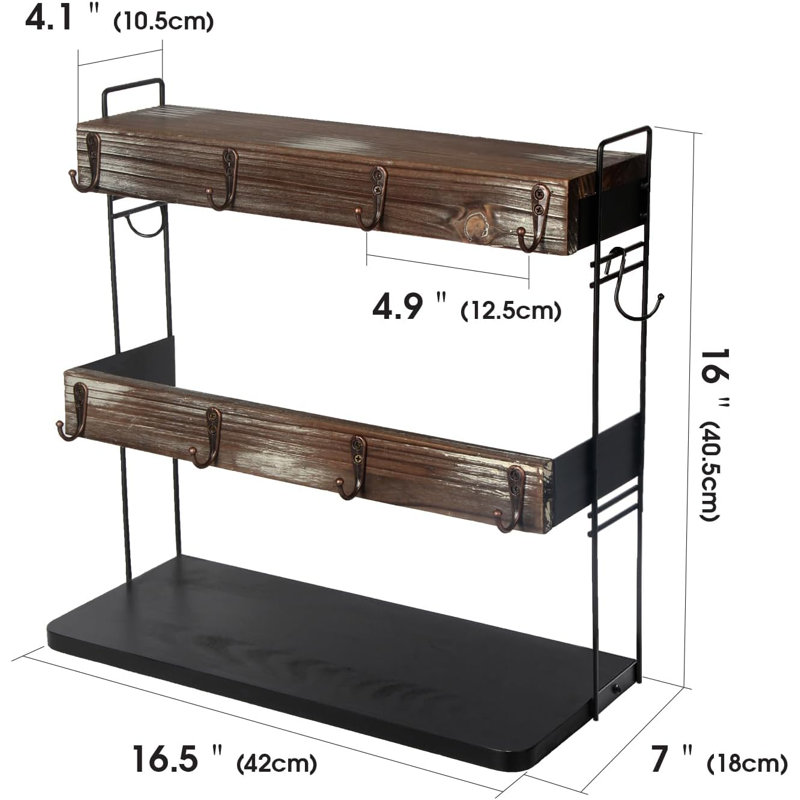 Mug Holder For Countertop 2 Tier Coffee Mug Shelf Rack Storage With Metal Frame And Rustic Wood Shelves For Coffee, Tea Cups Display Organizer With 10 Hooks