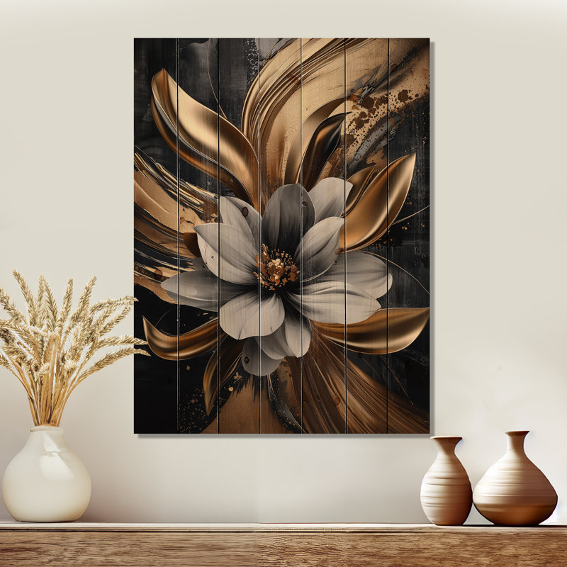 Golden Dahlia Petal I géométrique - impression sur bois de dahlia - sur bois de pin naturel, H 20 po x l 10 po x P 0,78 po