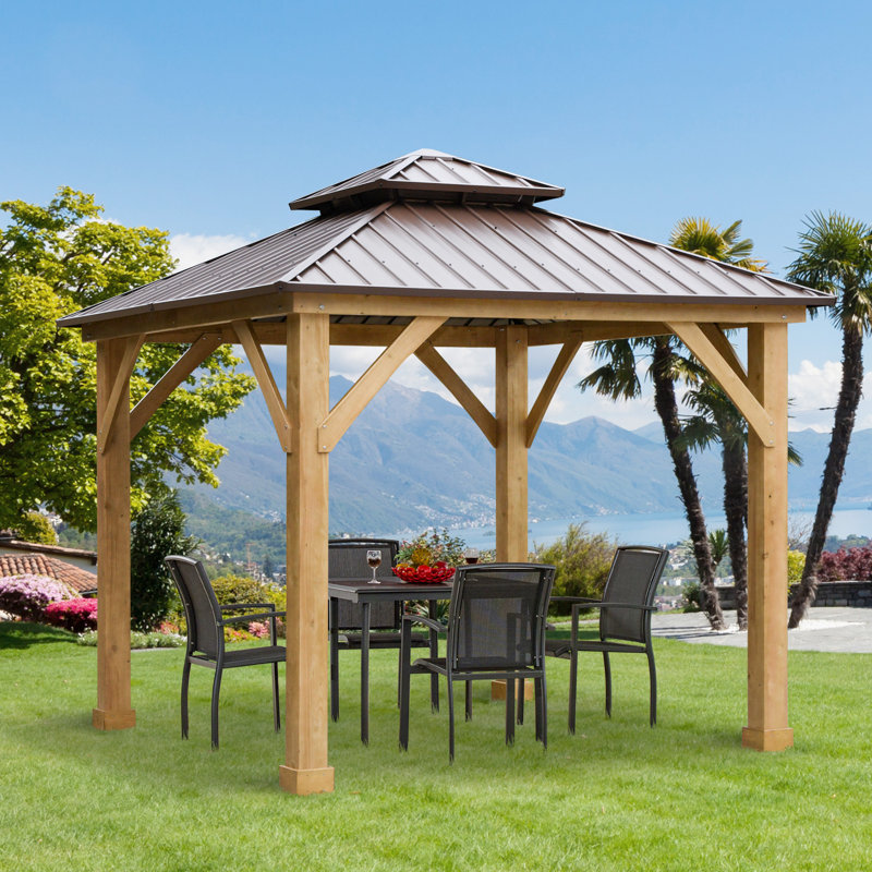 10x10 Brown Solid Wood and Steel Hardtop Gazebo