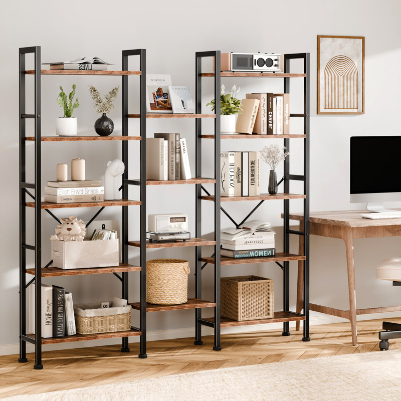 Bookshelf, Bookcase with Open Display Shelves, Wood and Metal Shelf Storage Organizer,Industrial Wide Shelving Unit for Living Room,Home Office,Rustic Brown