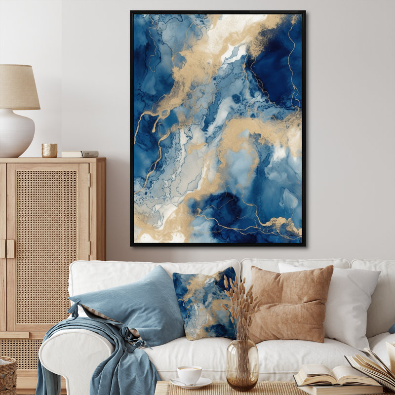 Bleu et blanc, art abstrait liquide III - Art abstrait à l'encre liquide, H 20 po x l 12 po x P 1 po, Cadre flottant noir