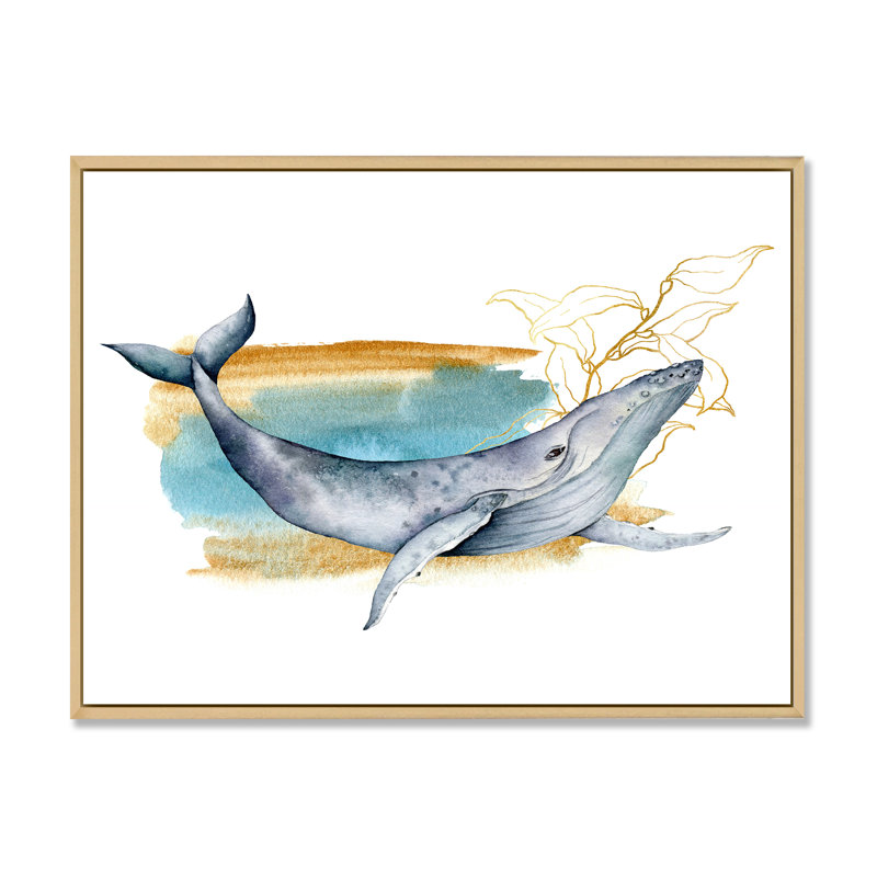 Baleine bleue sur fond blanc - Peinture sur toile, H 34 po x l 44 po x P 1,5 po, Cadre flottant en érable