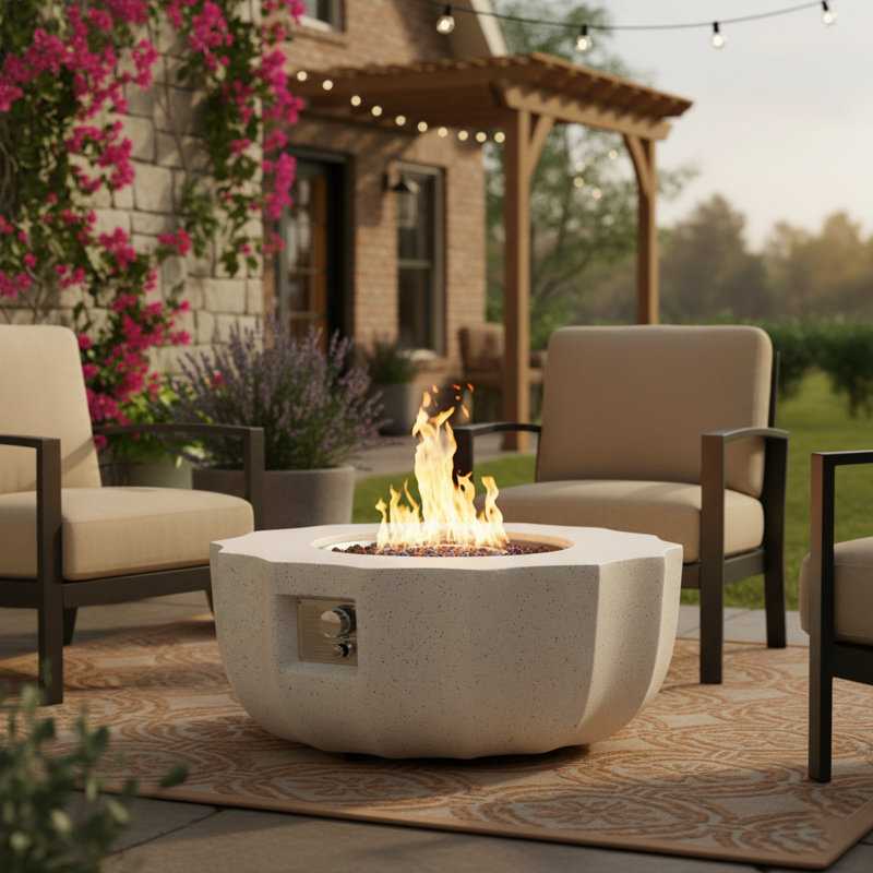16“ H x 36" W Outdoor Propane Fire Pit table with Terrazzo Design and Cover Lid and SS burner 50,000BTU, Beige