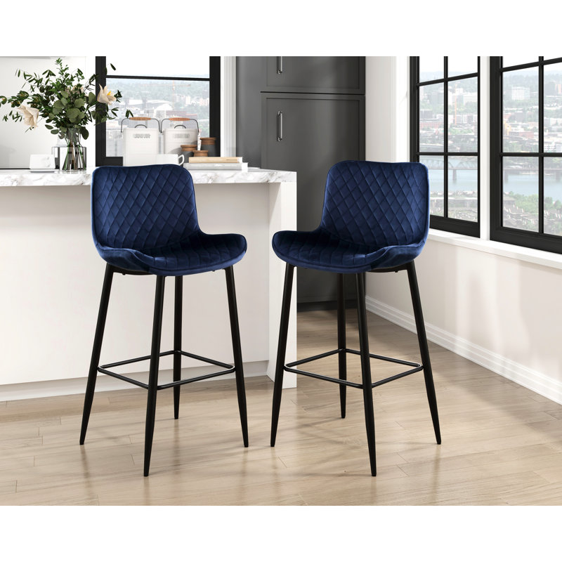 Ensemble de 2 chaises de pub modernes, siège en velours bleu foncé, repose-pieds en métal, 2 chaises de style élégant, pieds, style décontracté 29 po