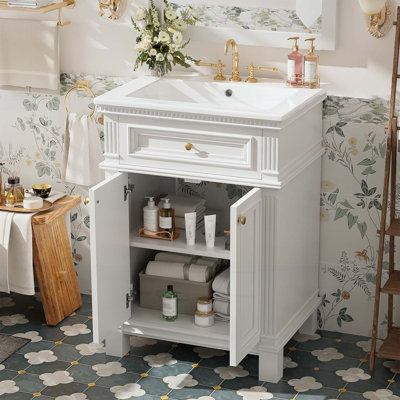 Vintage Elegance Bathroom Cabinet with Ceramic Sink,Soft Closing Doors,Adjustable Shelf,for Classic Decor