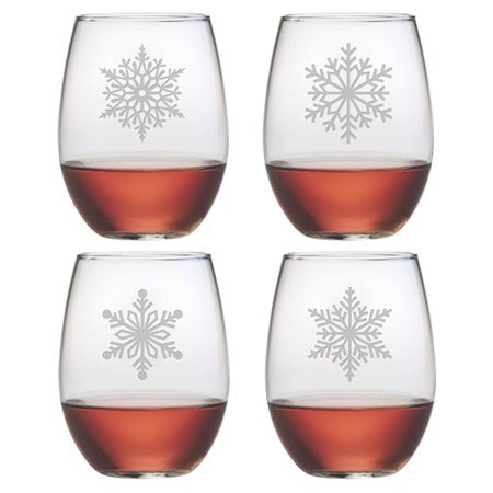 Snowflake Winter Wine Glass Set - Set of 8 Stemless Glasses with Silver  Snowflake Designs - 14oz