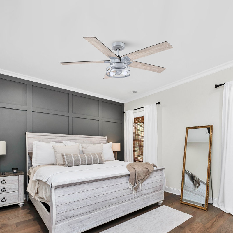 Rish 52'' Ceiling Fan with Light Kit, Silver with Oak/Driftwood Blades