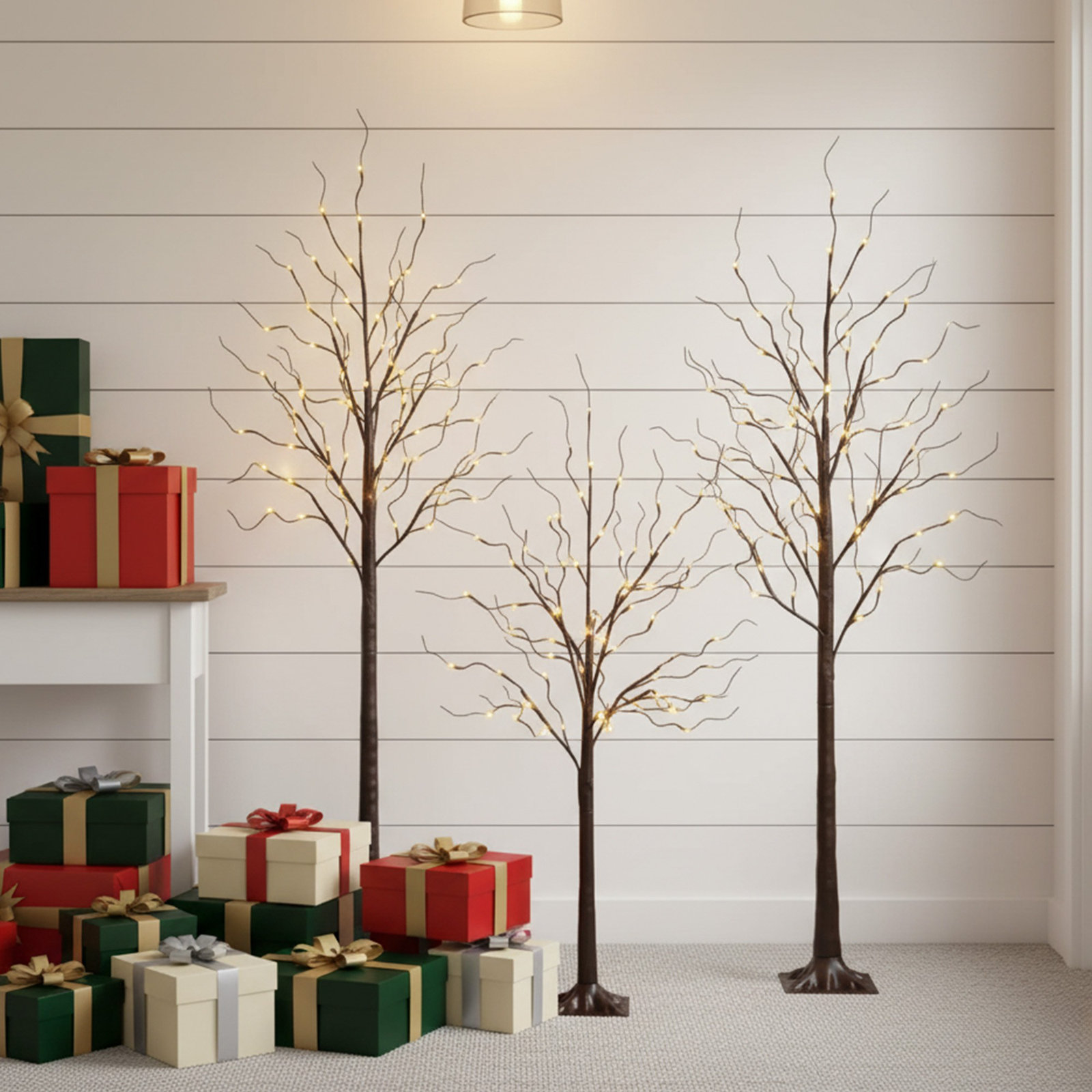 Pre-Lit Birch Tree with Base Included, Brown, 72" H x 24" W x 24" D