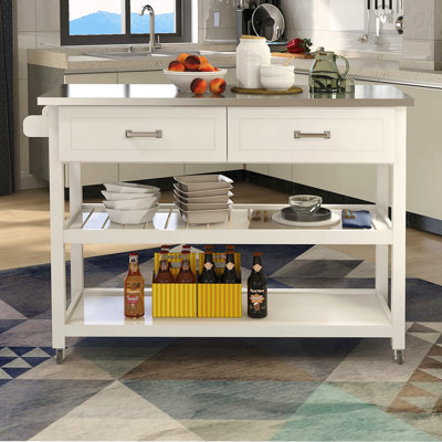 Chariot Kicthen blanc avec deux tiroirs et plateau en acier inoxydable