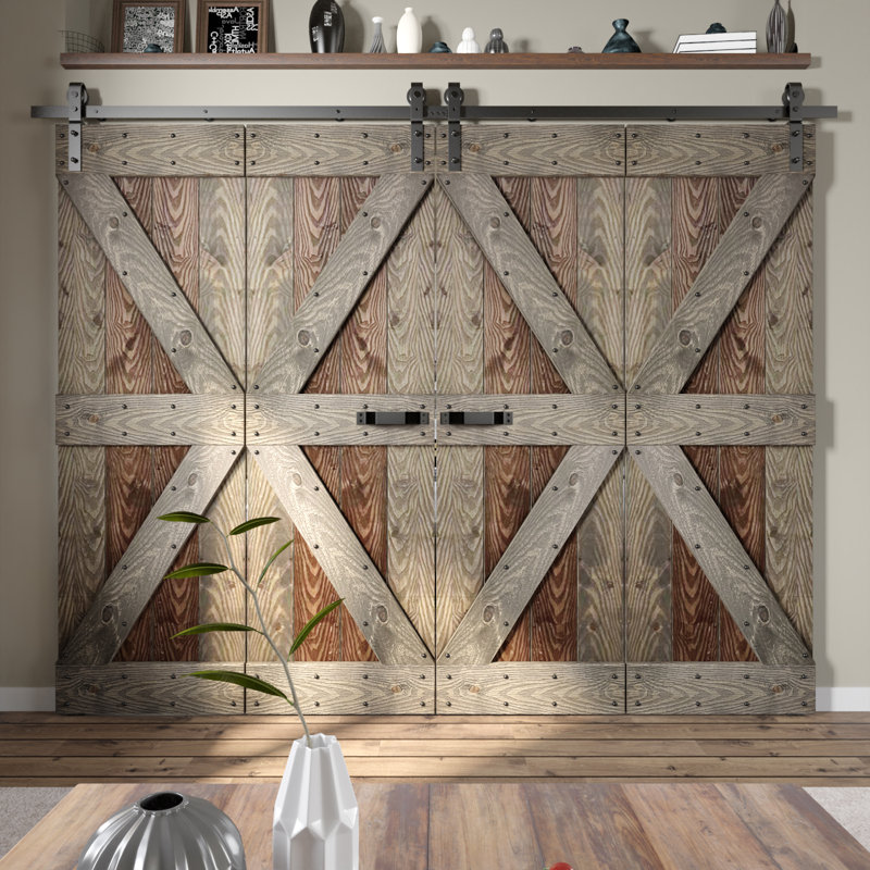 Porte de grange pliable en bois noueux avec quincaillerie Coast Sequoia Embossin, Noyer foncé, 60 po x 84 po