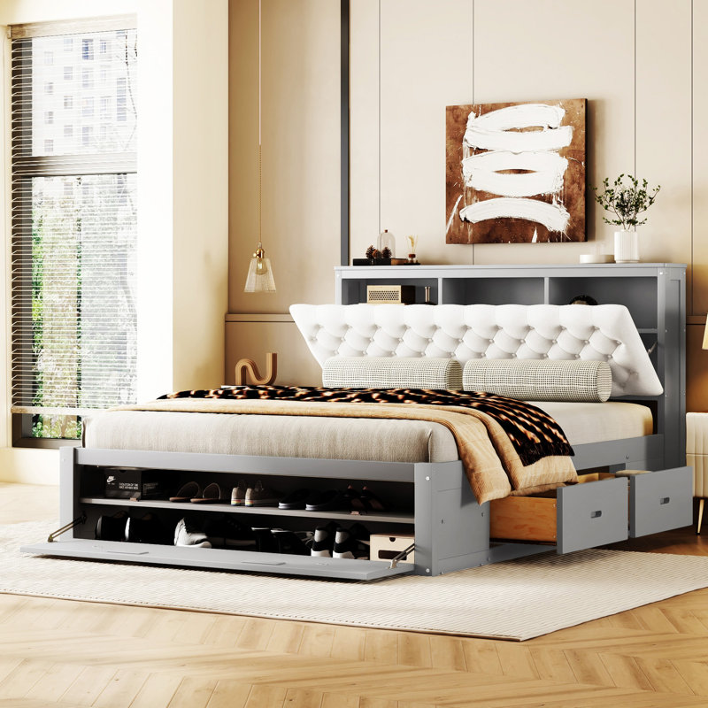 Wood Platform Bed with Storage Headboard, shoe rack and 4 drawers, Gray