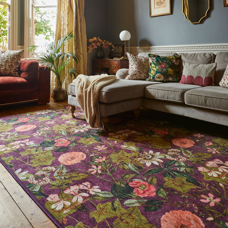 Clarke & Clarke Floral Digitally Printed 152cm X 230cm Area Rug, Rectangle 185 x 290 cm, Purple