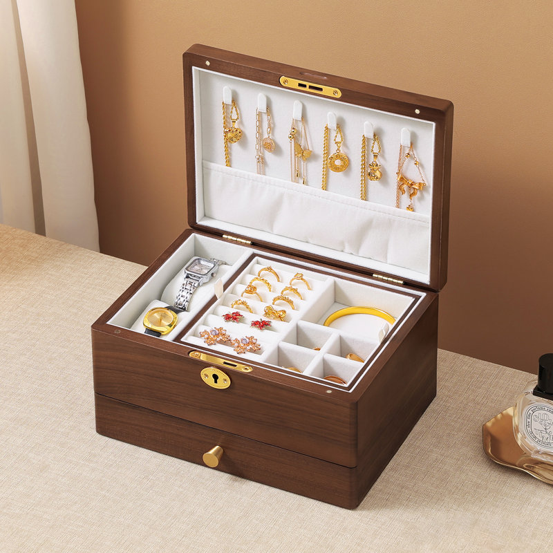 Boîte à bijoux verrouillable en bois de noyer noir, organisateur à 3 couches avec serrure et clé pour colliers, bagues et boucles d'oreilles.