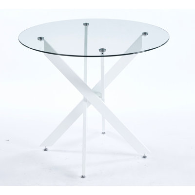 Table de salle à manger moderne avec pieds croisés en métal, verre trempé et blanc de 90 x 90 x 75 cm, réglable pour les pieds de la cuisine