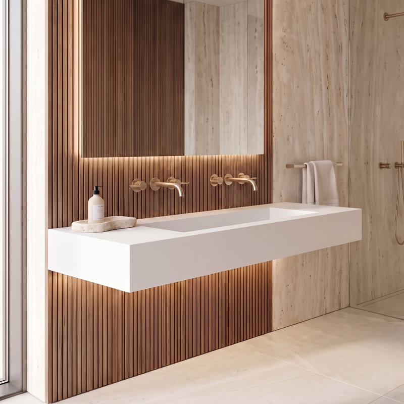 Pyramid 60" Wall Mounted Rectangular Solid Surface Bathroom Trough Sink in Matte Finish - White, No Faucet Holes, White