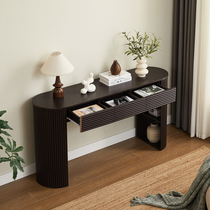 Console rétro avec 3 tiroirs, - Niche de pieds, Style de lattes rondes, Teinte, Fabrication, Pour plusieurs pièces Esthétique spacieuse et cloisonnée, Finition, Pieds interchangeables, Couloir approprié