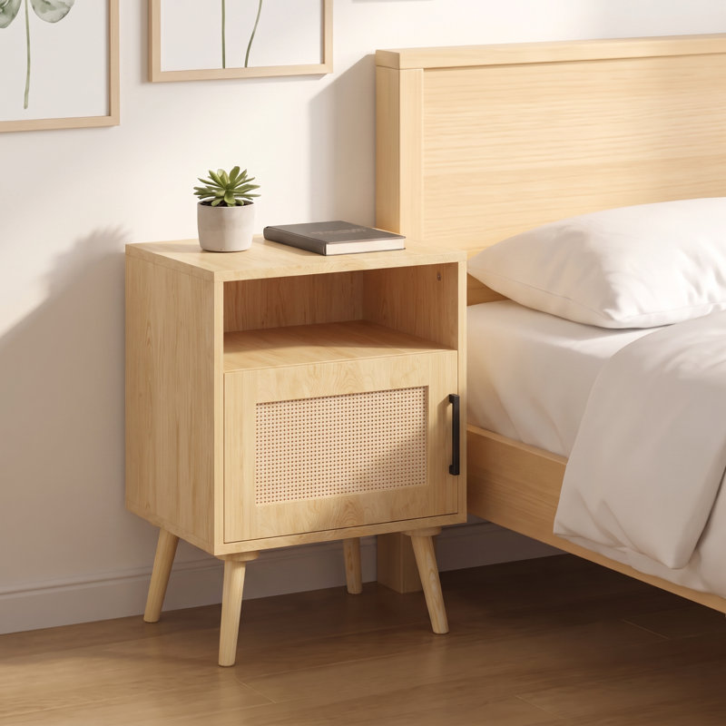 22.83'' H Rattan Nightstand, Side Table with Door Open Shelf, Accent Bedside End Table with Solid Wood Legs for Bedroom, Dorm and Small Spaces, Oak