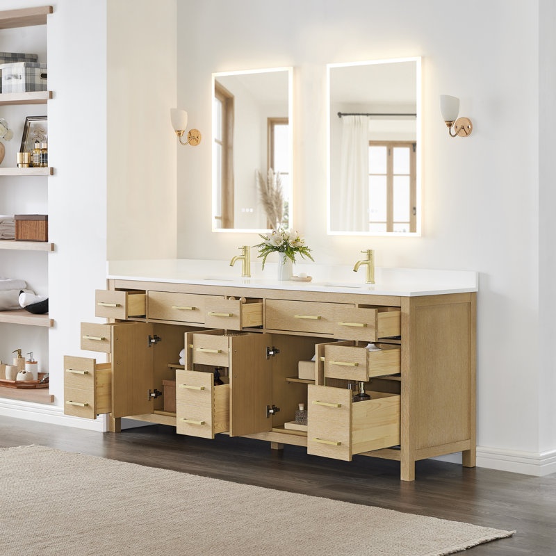 Beckett 84" Freestanding Double Bathroom Vanity with Quartz Top, Whitewashed Oak, Brushed Gold, White Quartz