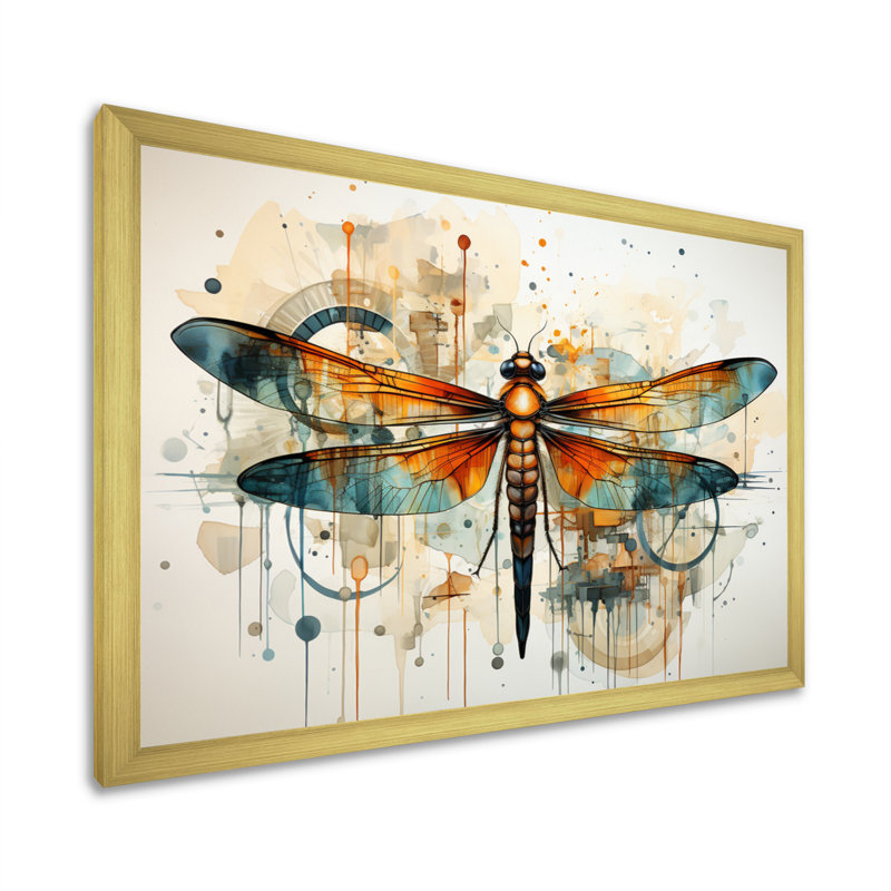 «Orange Dragonfly Insectes Flight Geometric II», reproduction sur toile, H 12 po x l 20 po x P 1 po, Encadrement doré