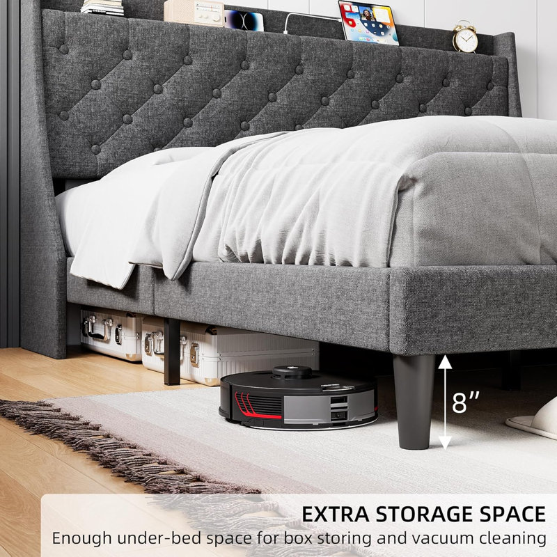 Bed Frame With Upholstered Wingback Headboard, Queen, Gray