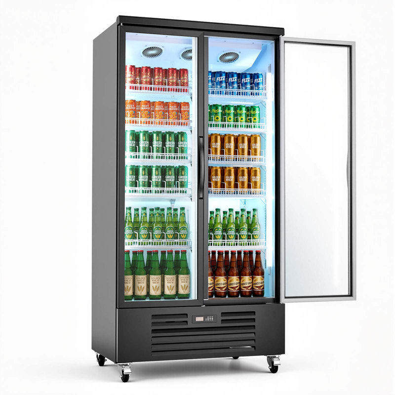 Réfrigérateur commercial pour marchandise, refroidisseur de boissons vertical 24,9 pieds cubes / 705L, réfrigérateur à 2 portes vitrées avec 5 tablettes réglables, lumière DEL douce et roulettes pour les bars et les magasins
