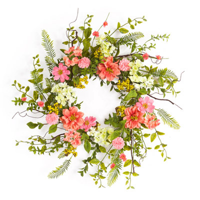 Couronne artificielle 27 po avec baies printanières roses et vertes