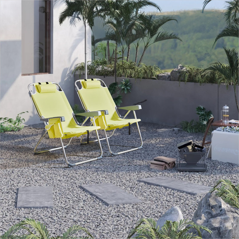 Chaise de plage pliante avec dossier réglable en 5 positions et porte-gobelet, structure en aluminium jaune soleil pour le camping et les activités de plein air
