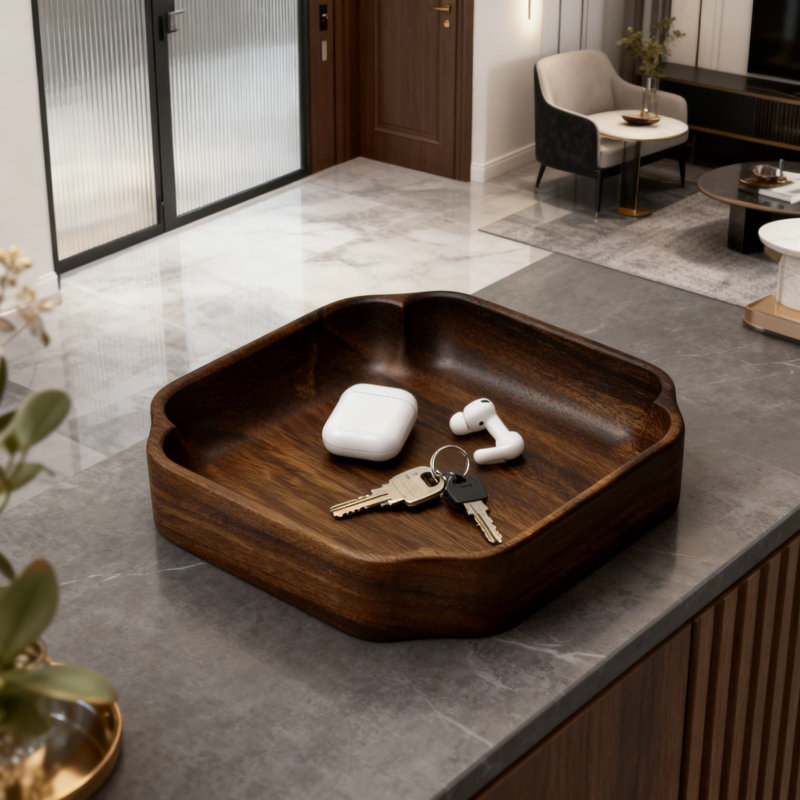 Modern Chinese Style Black Walnut Wood Tray, Floral Design Serving Plate For Dining Room, Living Room Display Tray, Wooden Decorative Holder For Jewelry And Accessories