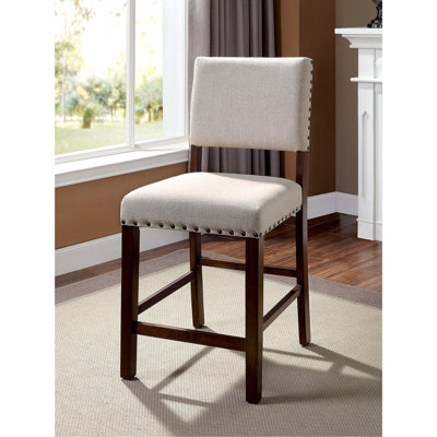 Industrial Counter Height Dining Chair 2 Units , Fabric Upholstered With Padded Linen Cushion And Nailhead Trim, Solid Wood Brown Cherry For Area Chairs 2Pc Group , Ravishing Room