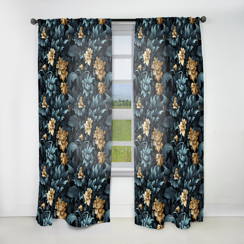 Dark Blue Tones Damask Flowers - Bohemian Curtain - Velvet Room Darkening - 1 Panel, 52" W x 90" L