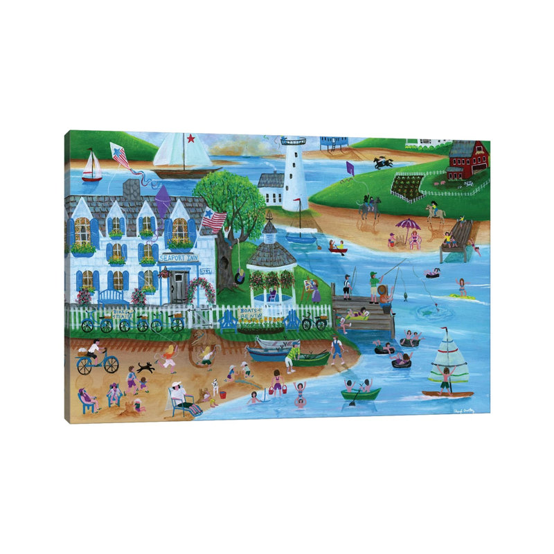 Folk Art Summertime Fun At Seaport Inn by Cheryl Bartley - Wrapped Canvas Painting, 66.04 cm H x 45.72 cm W x 1.91 cm D