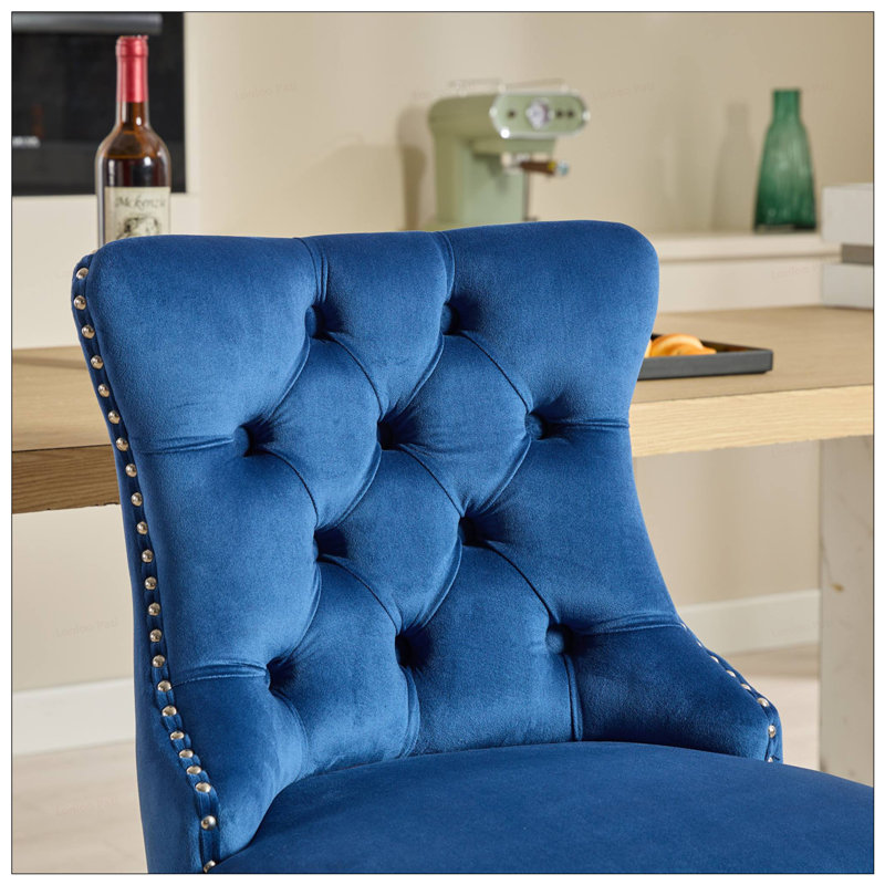 2 tabourets de bar en velours à hauteur de comptoir avec dossier, Bleu