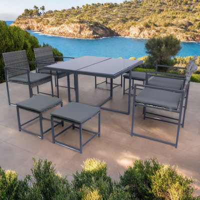 Ensemble de salle à manger 9 pièces pour patio avec rotin en osier gris