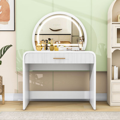 Modern Makeup Vanity Table with LED Touch Mirror, Curved Edges and Wavy Drawer