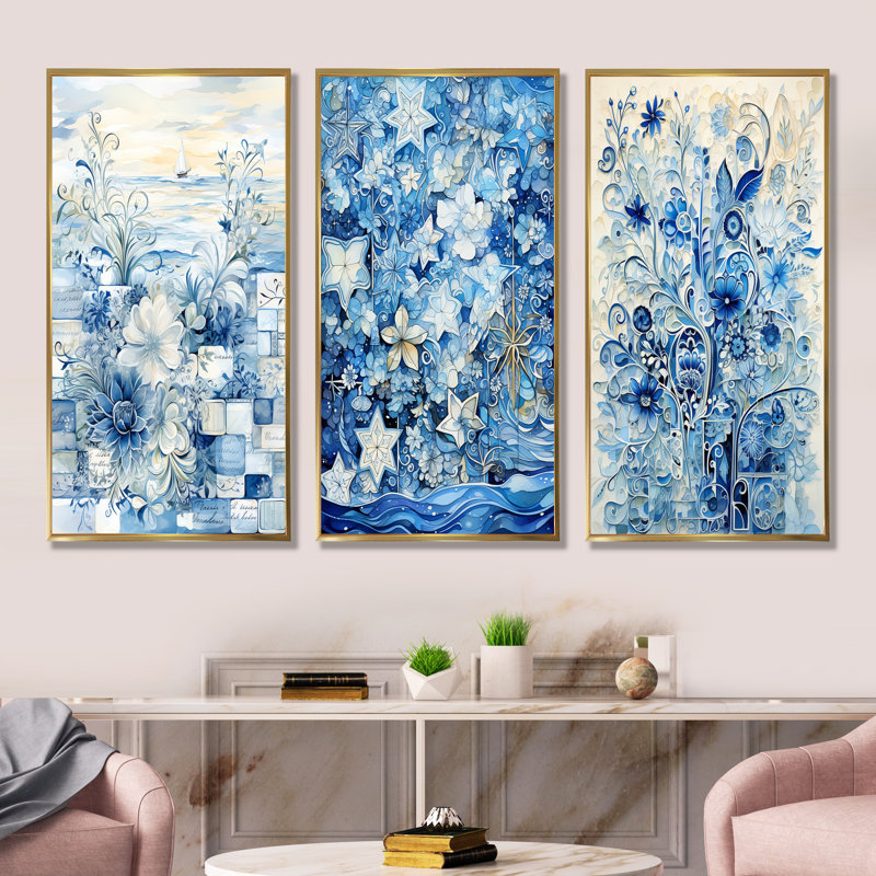 Carrelage botanique blanc et bleu I - Abstract Botanicals Wall Art Living Room Ensemble de 3, Cadre flottant doré