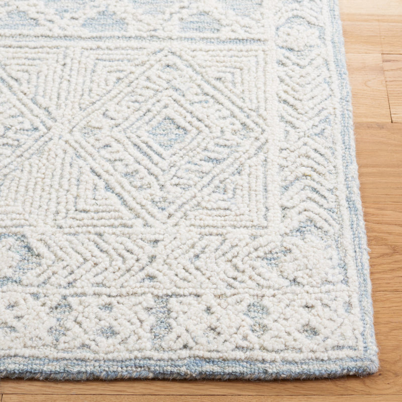Ivory and Blue Hand-Tufted Wool Abstract Round Rug
